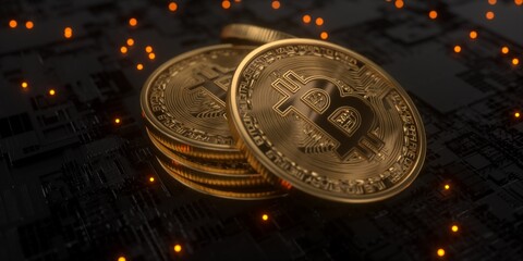 3D gold Bitcoin logo on the dark futuristic background. 