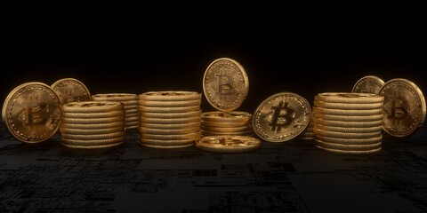 3D illustration of gold Bitcoin logo on the dark background.