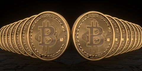 3D illustration of gold Bitcoins on the dark background.