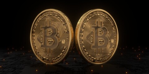 3D illustration of gold Bitcoin logo on the dark background.