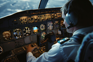 Fototapeta na wymiar Pilot in airplane cockpit wearing headset with control panel in front, ready for takeoff and navigation