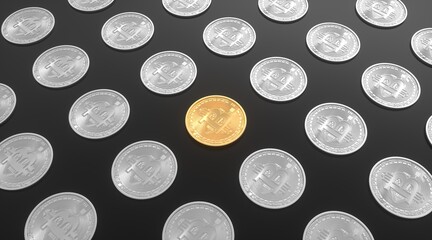 Golden Bitcoin symbol. 3D illustration of gold Bitcoins logo on the black background.