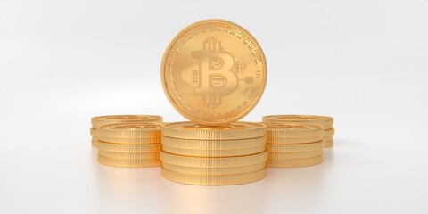 Bitcoin coin symbol. 3D illustration of gold Bitcoin coins logo on the white reflected background.