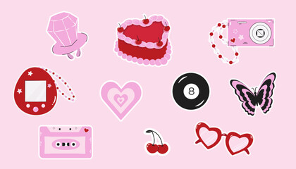 Set of stickers in y2k style. Trend elements of the 2000s. Vector illustration.