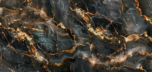 Detailed close-up of a black and gold marble showcasing intricate patterns and shiny surface.
