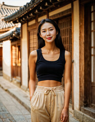 photo of beautiful asian woman with in traditional local house building, generative AI