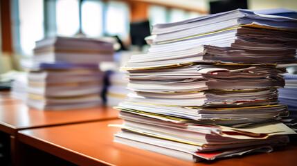 a stack of papers on a desk - obrazy, fototapety, plakaty