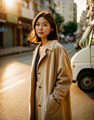 Obraz premium photo of beautiful asian woman with sunset light near truck and street pavement, generative AI