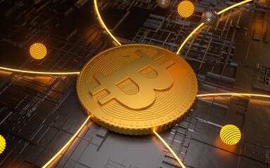 3D gold Bitcoin logo on the dark futuristic background. Gold Bitcoin with shiny lines background.