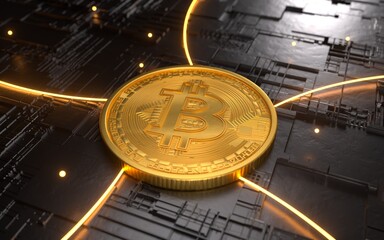 3D gold Bitcoin logo on the dark futuristic background. Gold Bitcoin with shiny lines background.