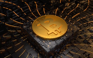 3D gold Bitcoin logo on the dark futuristic background. Gold Bitcoin with shiny lines background.