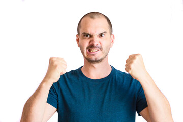 expressive bald man making hand gesture and angry face  , tight fists