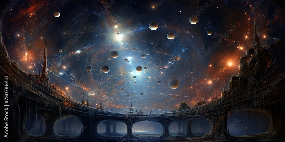 Aufkleber extra terrestrial canopy embellished with a multitude of space elements, forming a cascade of reacti