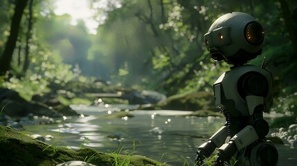 AI Robot want to crossing the river in the forest