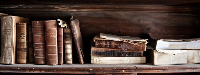 Old weathered bookshelf filled with worn vintage books. Dusty shelves holding secrets of the past, waiting to be discovered anew. - 750787010