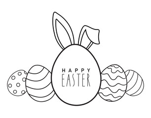 Happy easter vector illustration with lettering,easter eggs and easter bunny`s ears, black outline design isolated on white background,template for coloring book,banner,greeting card,background