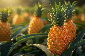 Fototapeta premium Pineapples growing in sunlit tropical field.