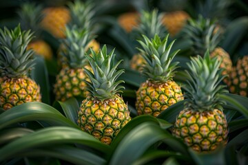 Fototapeta premium Pineapples growing in sunlit tropical field.