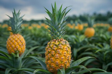 Pineapples growing in sunlit tropical field.