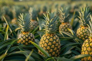 Obraz premium Pineapples growing in sunlit tropical field.