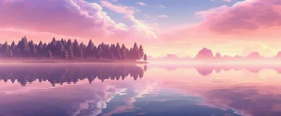 Papier Peint photo autocollant Réflexion Tranquil gradient lake reflecting a pink sunset sky, creating the cutest and most beautiful mirror-like surface.