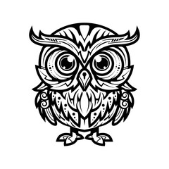 Owl in black and white linear style.