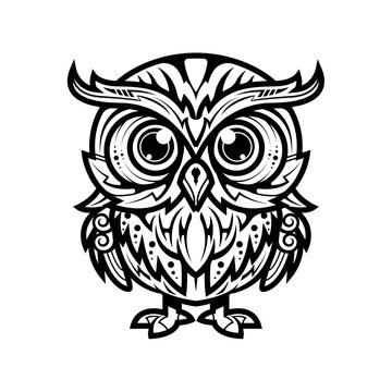 Owl in black and white linear style.