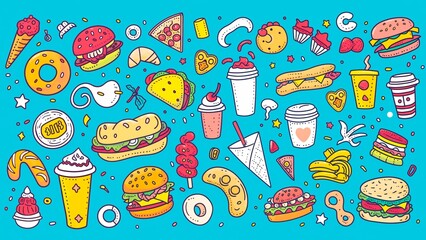 Colorful cartoon doodle of fast food on a blue background.