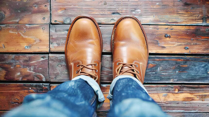 Legs in blue jeans and brown leather shoes standing on rustic wooden planks. Male fashionable clothing style, top-down view. Shoes made of genuine leather and care for them