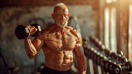 Fototapeta na wymiar fit senior man showing his muscle in the gym, senior bodybuilder.