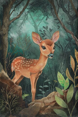 A cute deer in the forest, colored pencils painting, cover image of a children's book, portrait format
