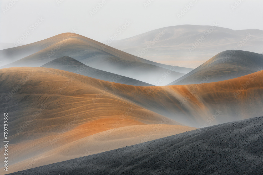Aufkleber misty sand dunes in a desert. surreal landscape. background image. created with generative ai techno
