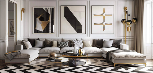 Taupe sectional, gold-framed decor, white wall with minimalist black and white chevron.