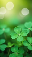 Clover leaves on green blurred background. St Patrick Day holiday symbol. Background for banner, card, invitation. Cope space. Place for text.