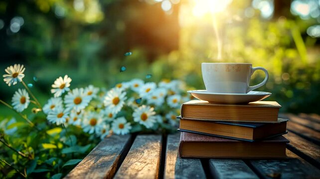 Pile of book with coffee cup in the flowers garden. Seamless looping time-lapse 4k video animation background