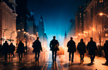 blurred silhouettes of business people on a deal against the backdrop of a night metropolis - obrazy, fototapety, plakaty
