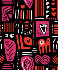abstract tribal, linocut, valentines mud cloth, valentines day themed сreated with Generative Ai