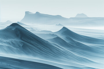 Misty glacier. Surreal landscape. Background image. Created with Generative AI technology.