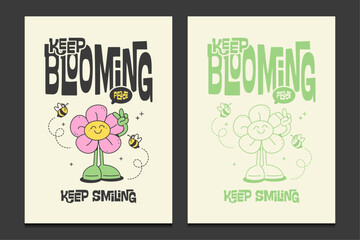 retro flower posters with cute cartoon characters, vector illustration 