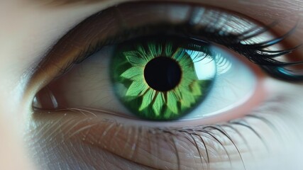 A close-up of a young woman's green eye. A leaf of clover. St. Patrick's Day.