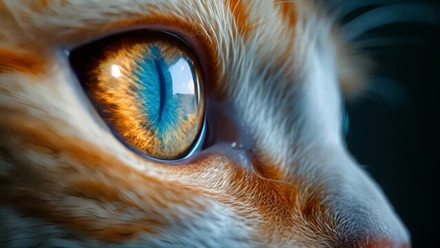 Close up view of cat's eye. Pet or pets cat macro video. Textured fur. Macro. Eyeball of kitty, feline or kitten macrophotography. Close-up view of cat animal head. moving eye 4k video