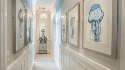 serene hallway adorned with framed marine life artwork, illuminated by a warm, hanging light fixture, evoking a tranquil,