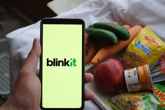 Blinkit Grocery Delivery Application on Smartphone, formerly Grofers, is an Indian instant delivery service : Delhi, India January 2024