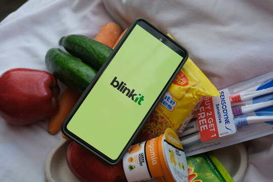 Blinkit Grocery Delivery Application on Smartphone, formerly Grofers, is an Indian instant delivery service : Delhi, India January 2024