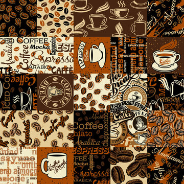 Coffee beans cups and  mag  typography lettering patchwork wallpaper abstract vintage vector seamless pattern for fabric wrapping card print paper tablecloth pillow