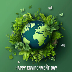 World Environment day concept 3d design. 3d World map with Environment day text and background illustration.