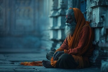 An elderly Indian man with a pitiful expression begging for help from poverty with a sad and hopeless expression - obrazy, fototapety, plakaty