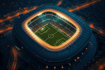Aerial view of illuminated soccer stadium with city lights in the background at night