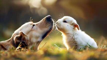 A dog and a rabbit touch noses affectionately in a golden field during sunset - obrazy, fototapety, plakaty