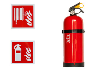 fire extinguisher and safety sign isolated on white background - obrazy, fototapety, plakaty